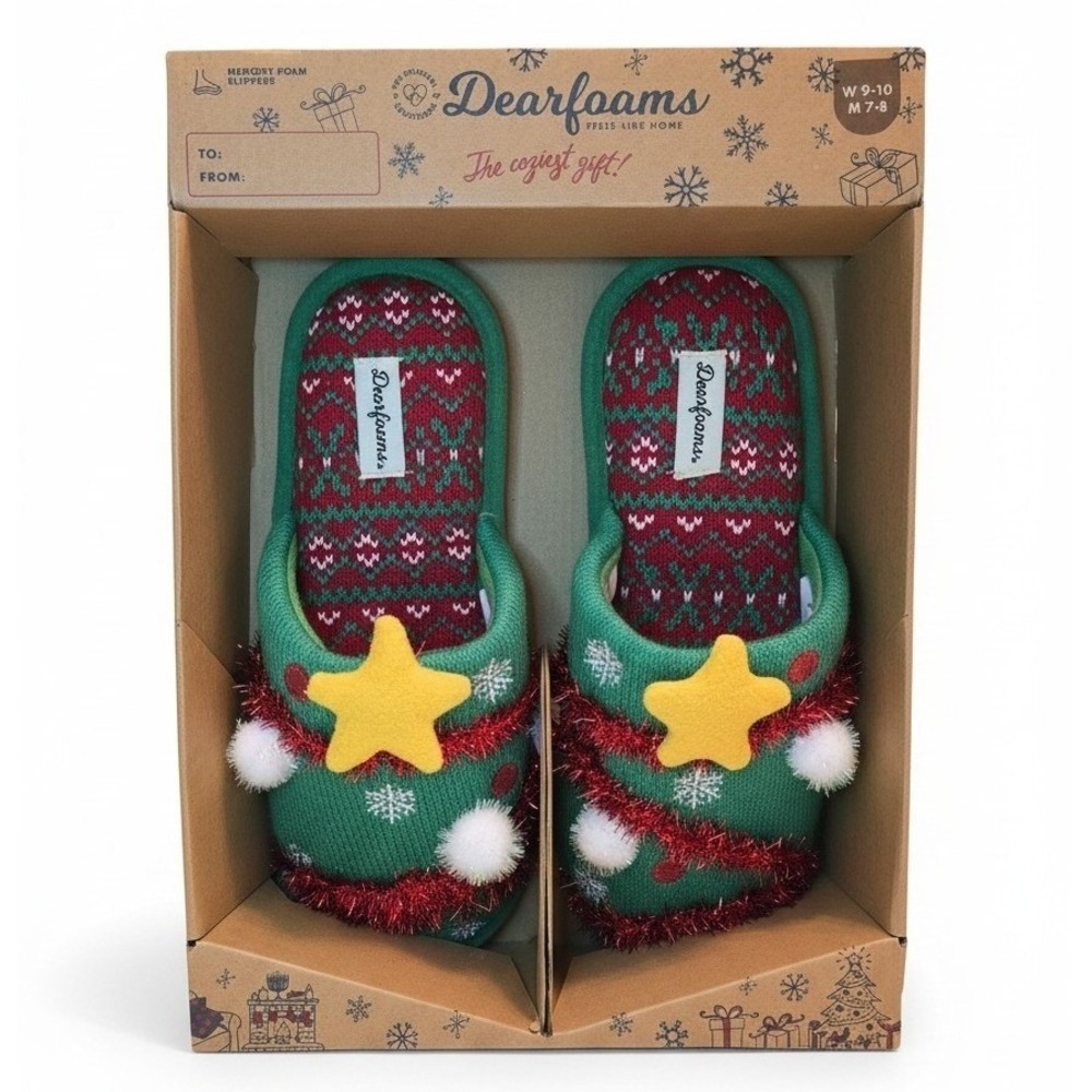 DEARFOAMS Christmas Tree Slippers Unisex M 7-8‎ W 9-10 Green Holiday Memory Foam